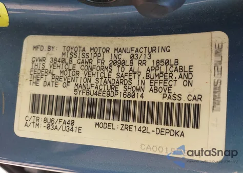 2013 Toyota Corolla L from USA, damaged, VIN 5YFBU4EE9DP168014
